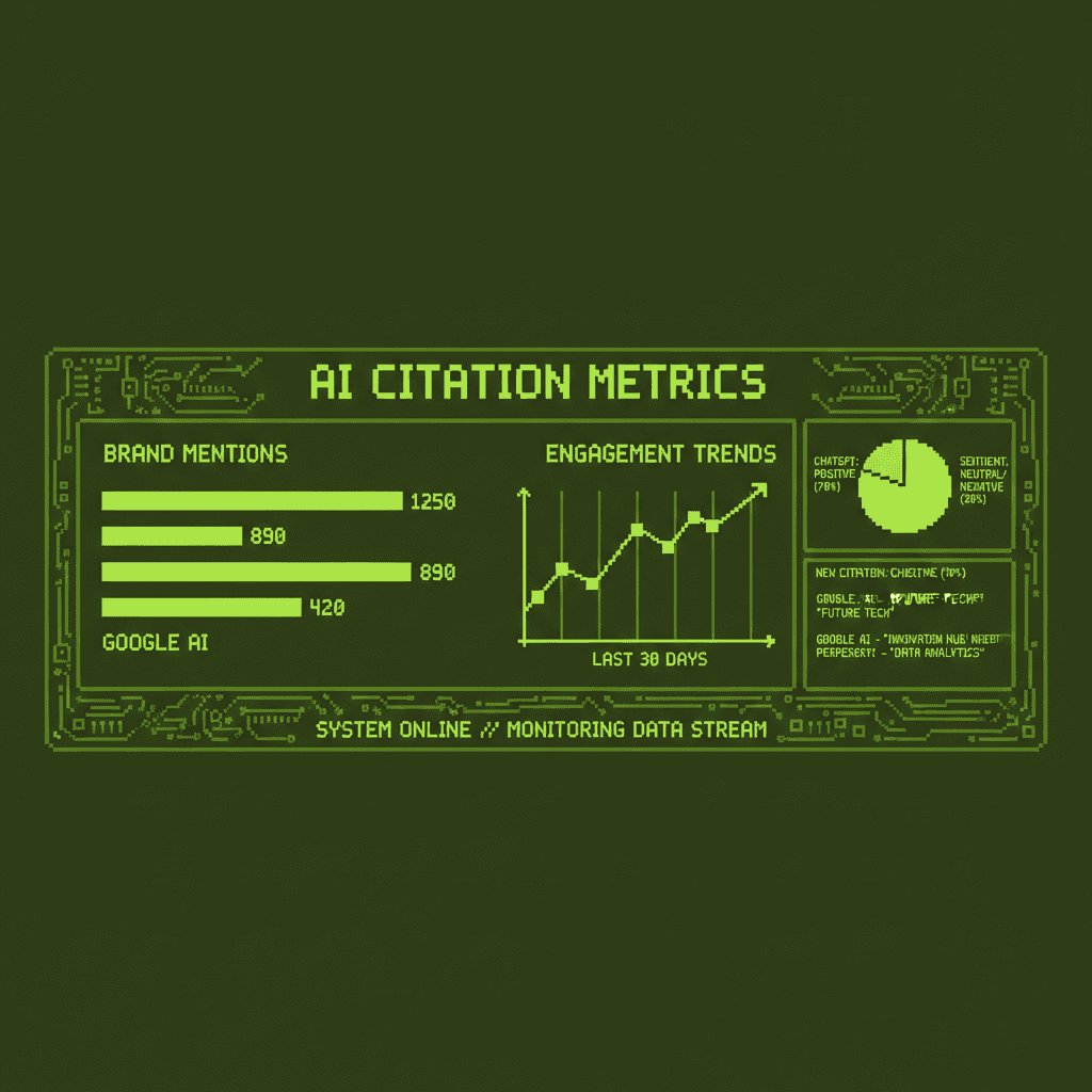 Pixel art illustration of an AI citation tracking dashboard for WordPress sites