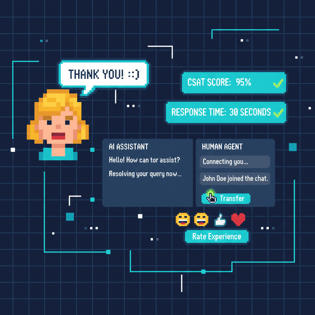 Pixel art of AI-assisted customer service interaction showing CSAT scores, response times, and satisfaction metrics