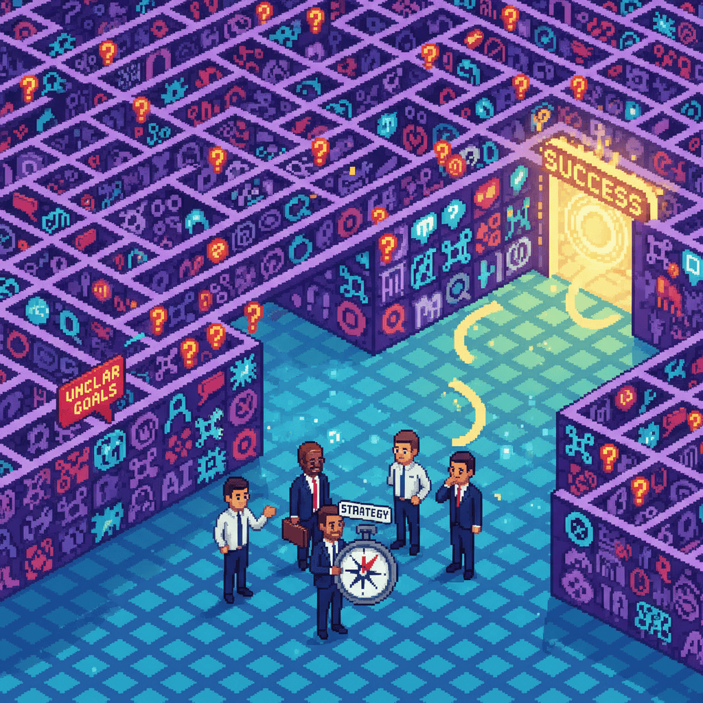 Business team navigating maze of AI tools with compass labeled Strategy. Pixel art illustration of AI implementation planning.