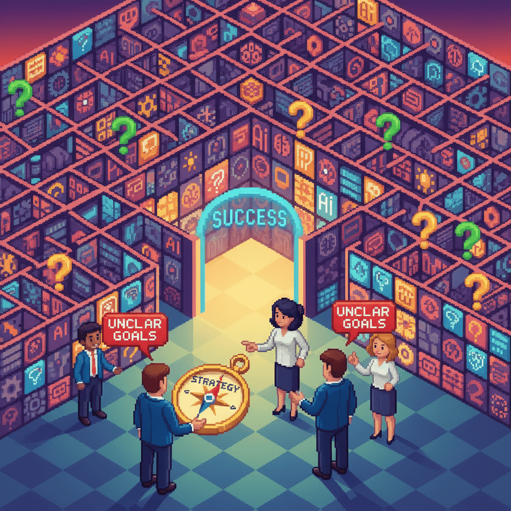 Business team navigating maze of AI tools with compass labeled Strategy. Pixel art illustration of AI implementation planning.