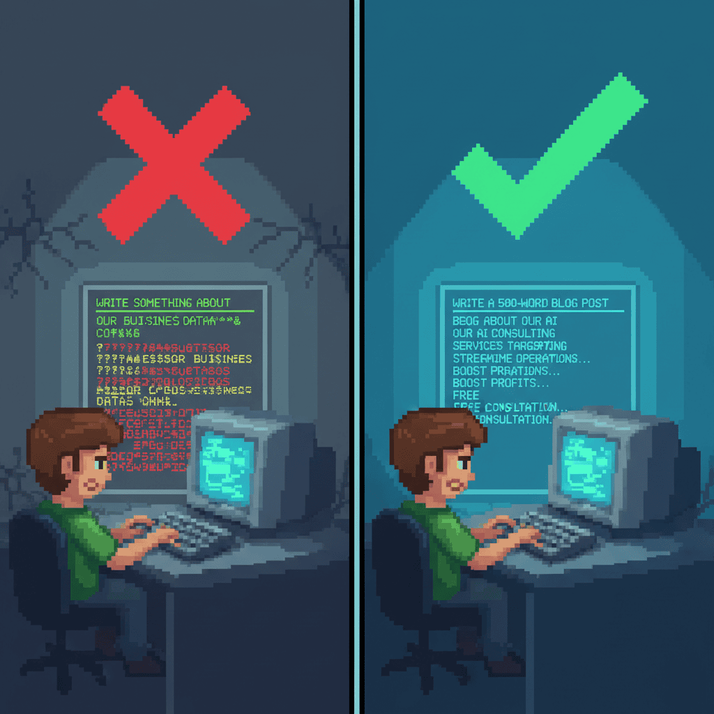 Pixel art split screen showing vague prompt producing garbled AI output on left, detailed prompt producing excellent output on right.