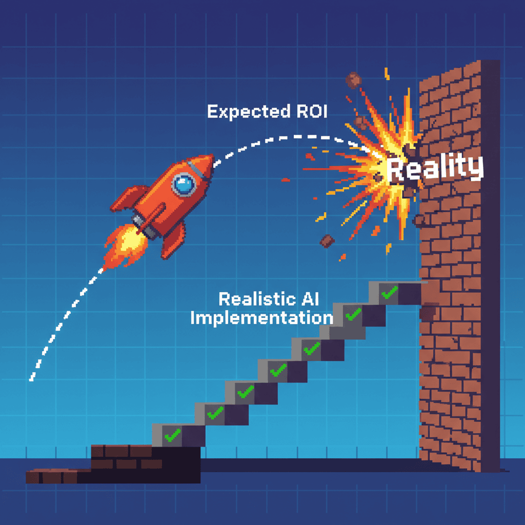 Graph showing rocket ship labeled Expected ROI crashing into Reality wall. Steady staircase labeled Realistic AI Implementation reaches same height. Pixel art illustration.
