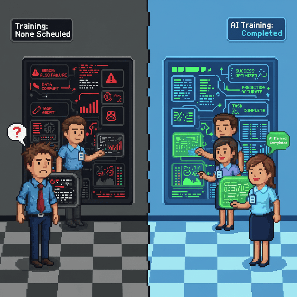 Confused employee facing complex AI dashboard with sign reading Training None Scheduled. Contrast with trained team in background. Pixel art style.