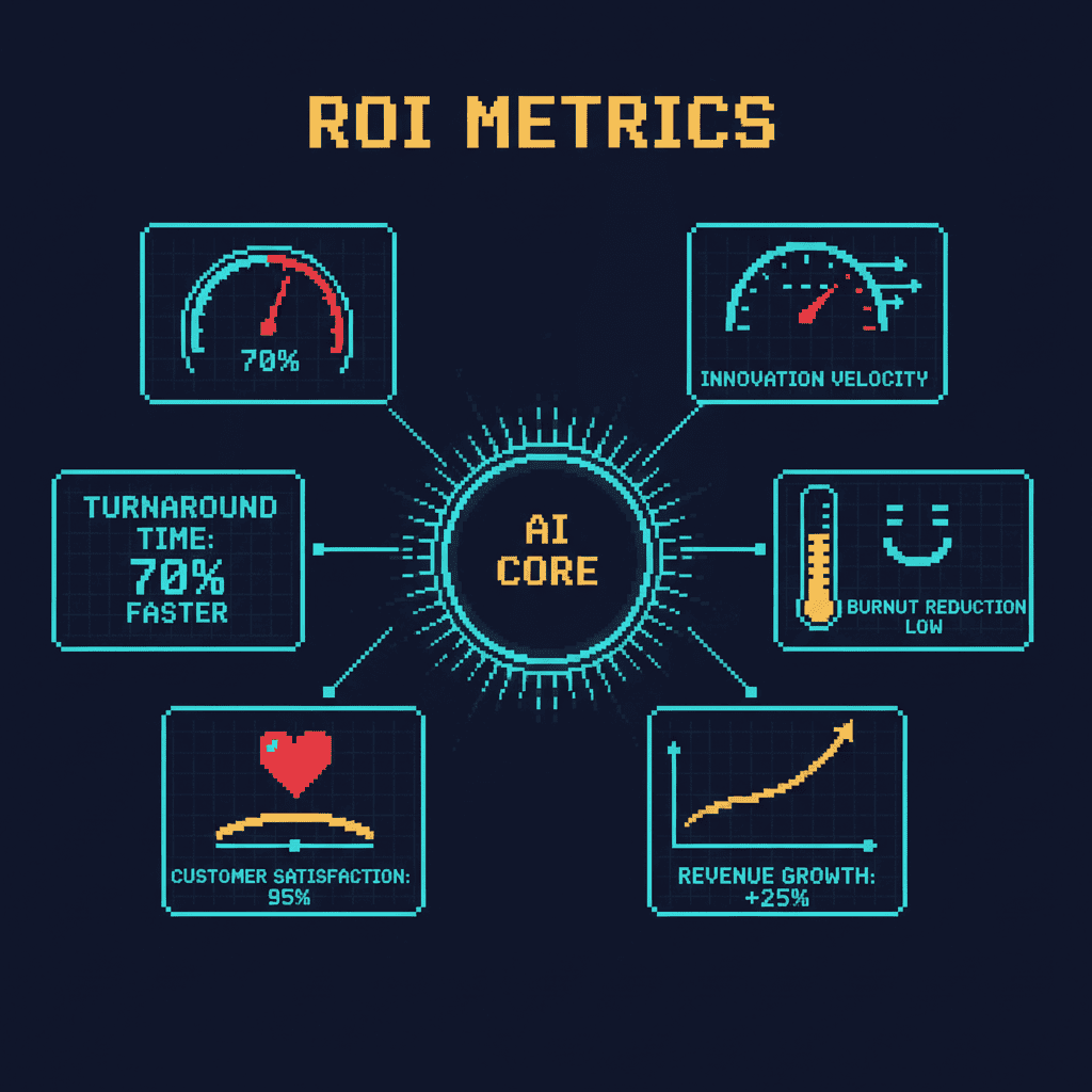 Pixel art dashboard showing AI productivity ROI metrics: turnaround time, customer satisfaction, burnout reduction, innovation velocity, and revenue growth
