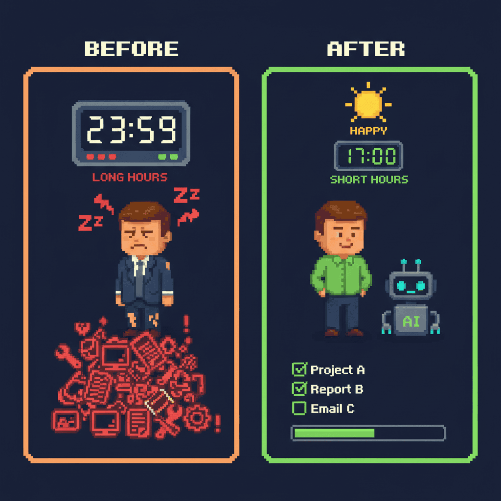 Pixel art showing employee burnout reduction with AI assistance, from overworked to balanced workflow