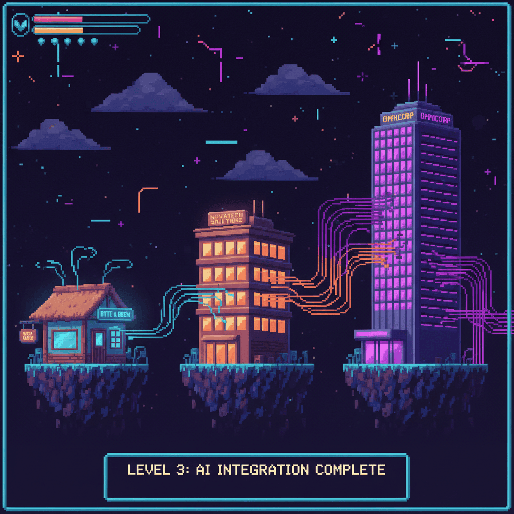 Pixel art scene showing three tiers of buildings: a small shop with blue AI glow on the left, a mid-sized office building with orange AI glow in the center, and a corporate skyscraper with purple AI glow on the right. Each represents how AI adoption scales by company size.