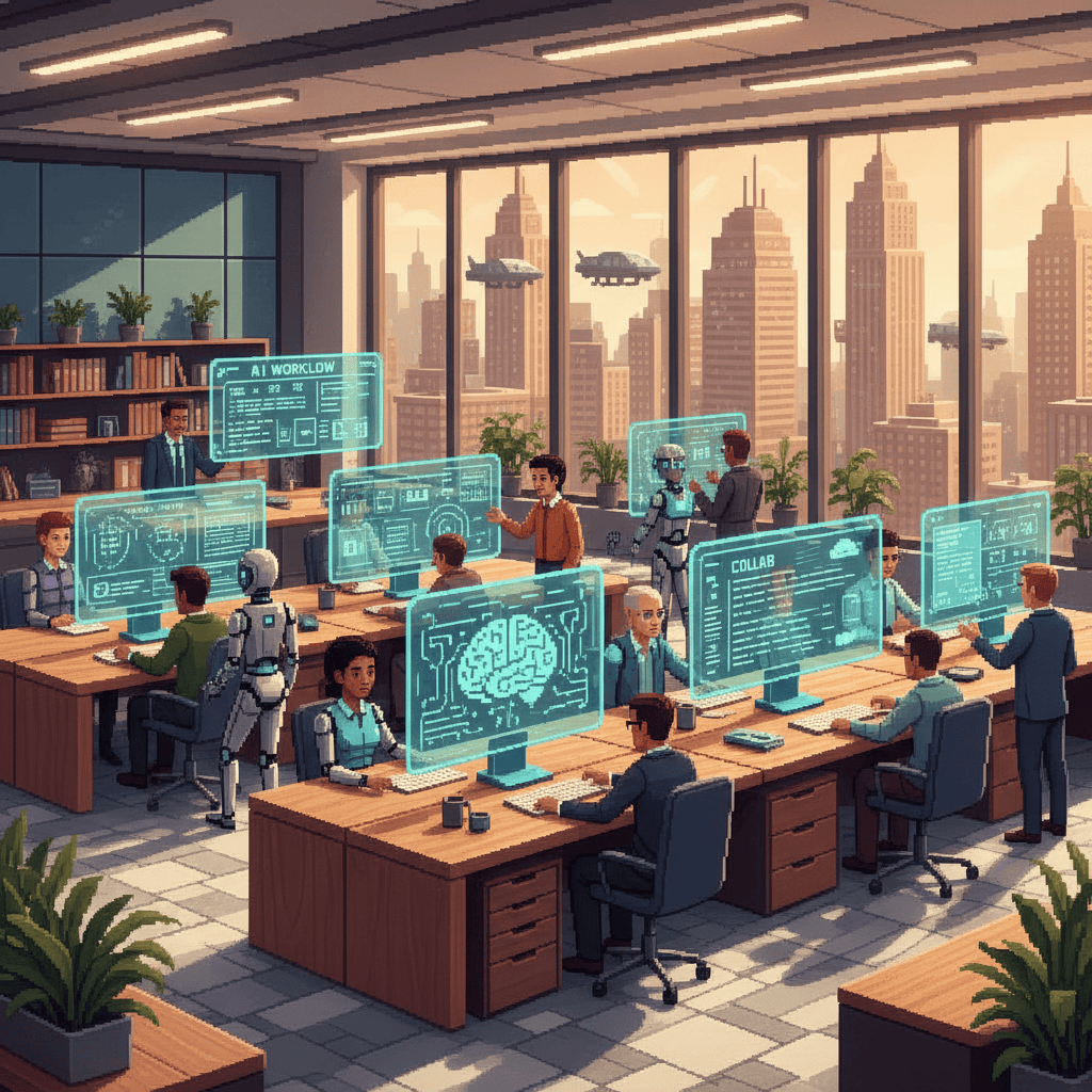 Pixel art illustration of humans and AI tools collaborating in a modern office workspace, showing evolved job roles in the AI era