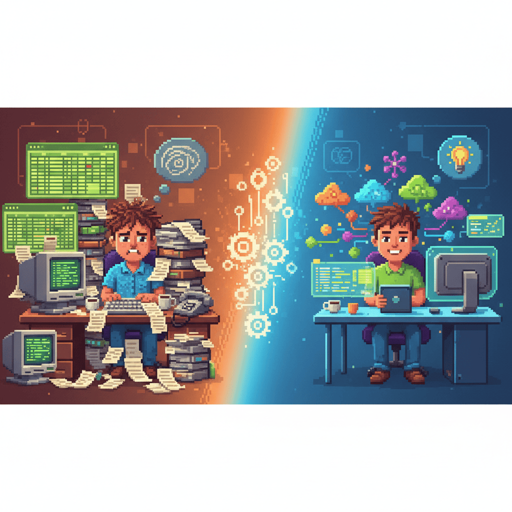 Pixel art illustration showing the transition from busywork and stress to meaningful creative work with AI assistance