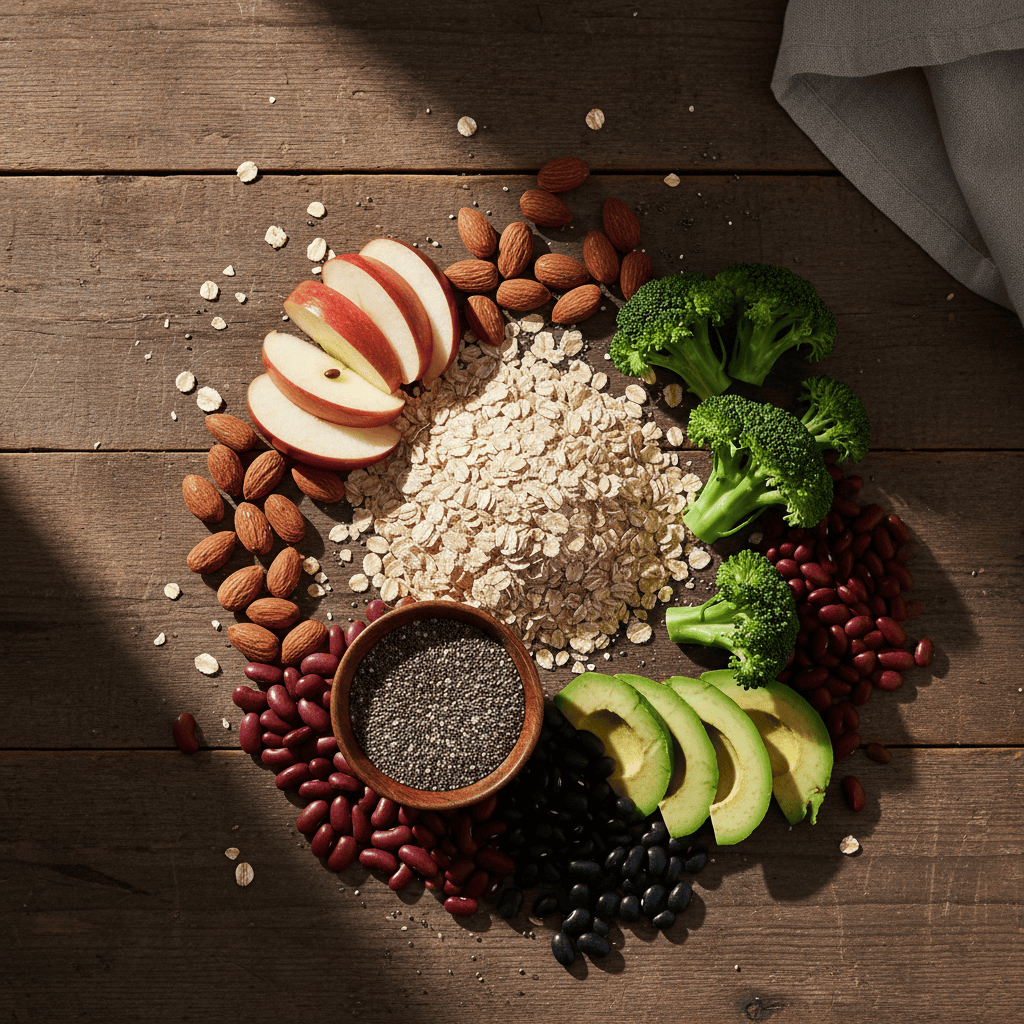 Fiber-rich foods arranged on a table supporting digestive health and natural detox