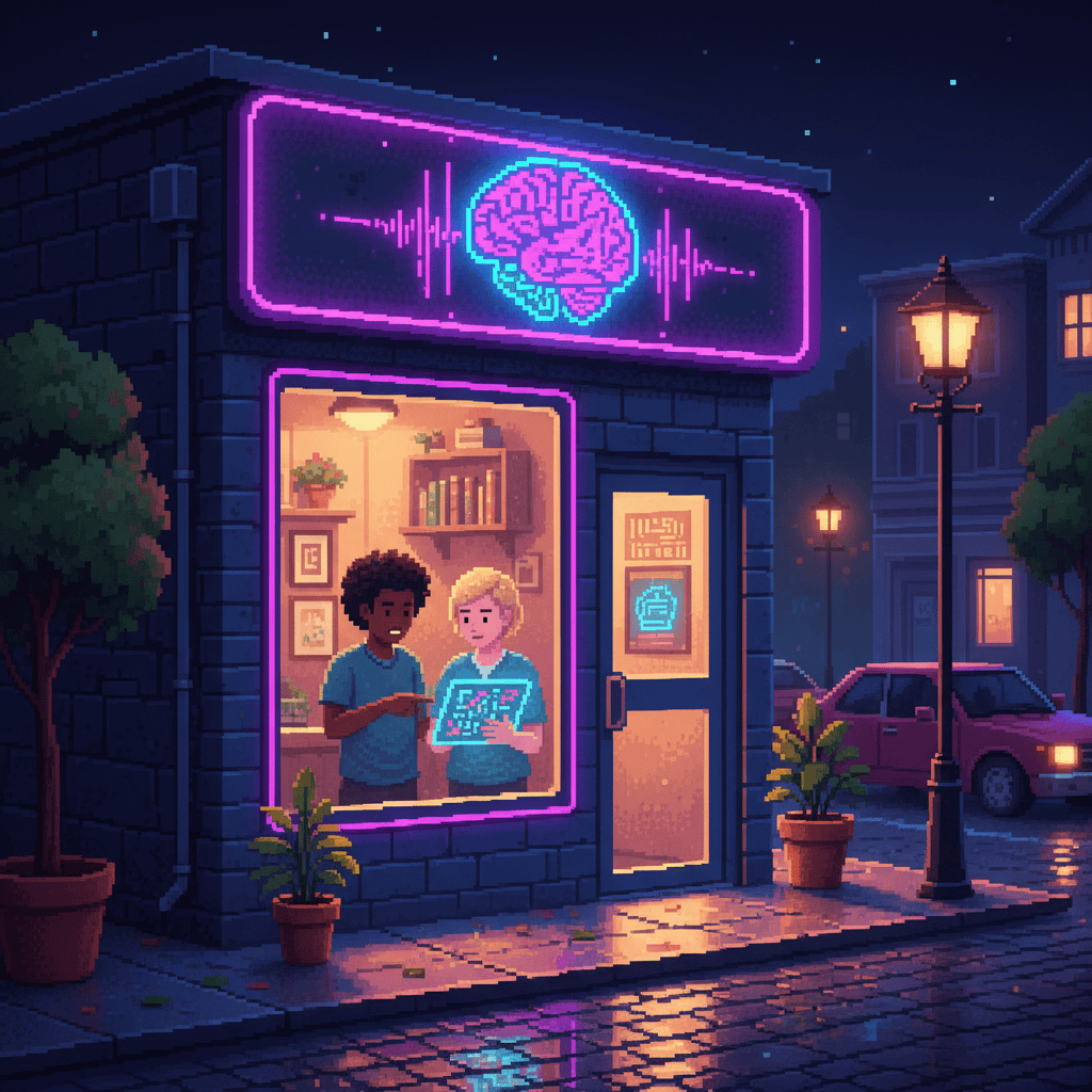 Pixel art illustration of a small business storefront with a glowing AI brain hologram and team collaborating with AI