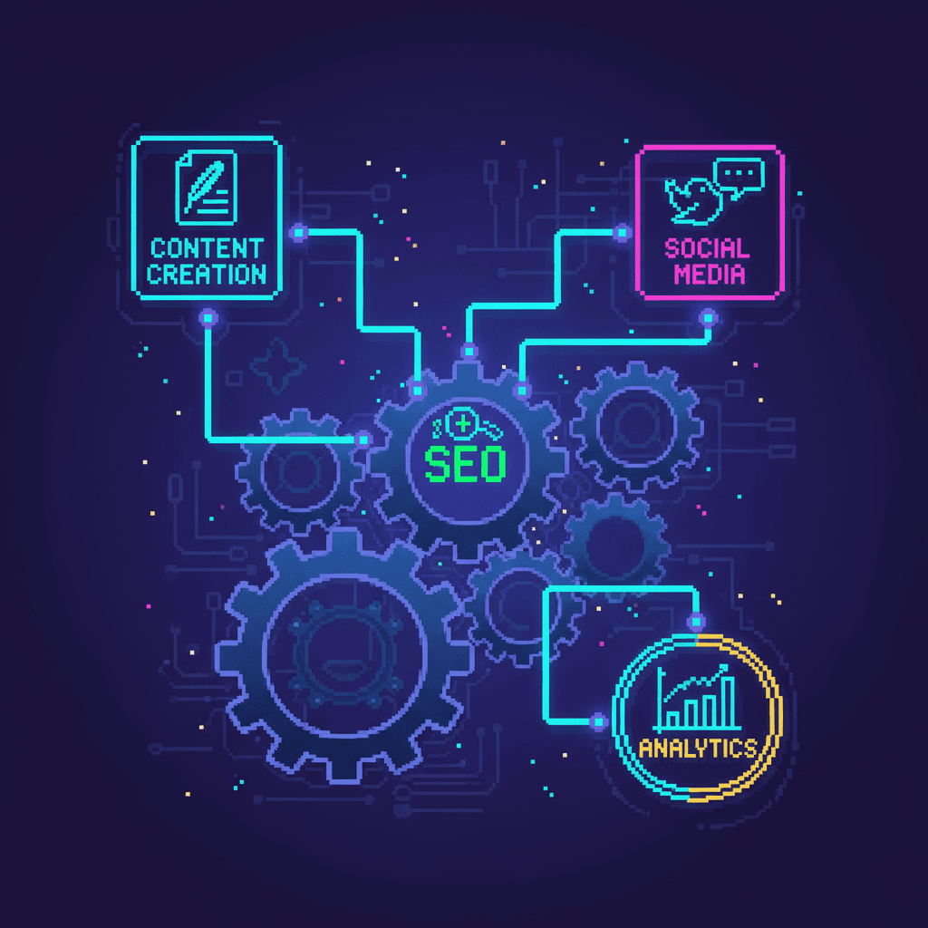 Pixel art illustration of AI marketing workflows connecting content creation, SEO, social media, and analytics into an automated pipeline