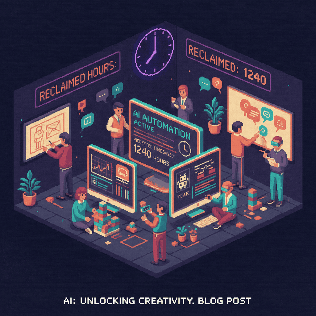 Pixel art illustration of a modern office workspace where AI tools automate repetitive tasks, freeing employees to focus on creative work, representing how AI saves hours every week