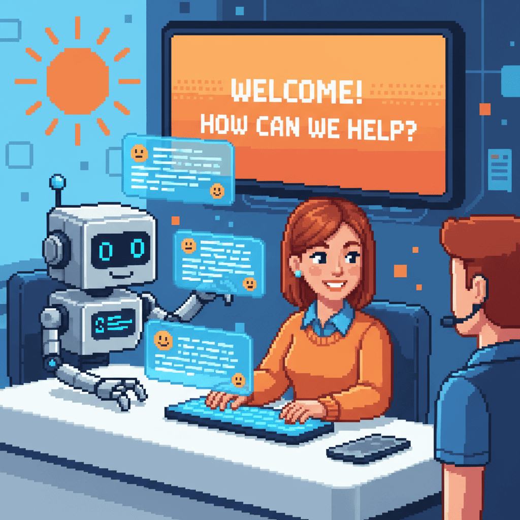 Pixel art illustration of an AI robot and human customer service agent working together to help customers