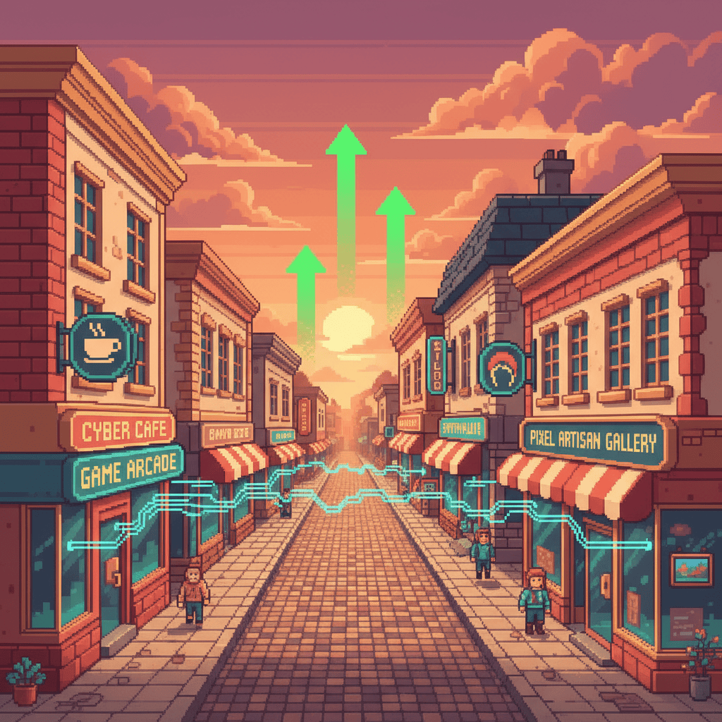 Pixel art illustration of a local main street with business storefronts connected by glowing AI data streams and upward revenue arrows