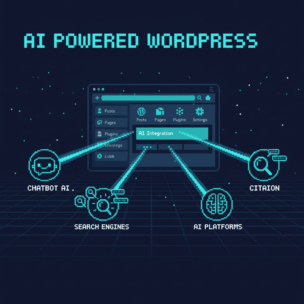Pixel art illustration of WordPress site connecting to AI platforms for citations
