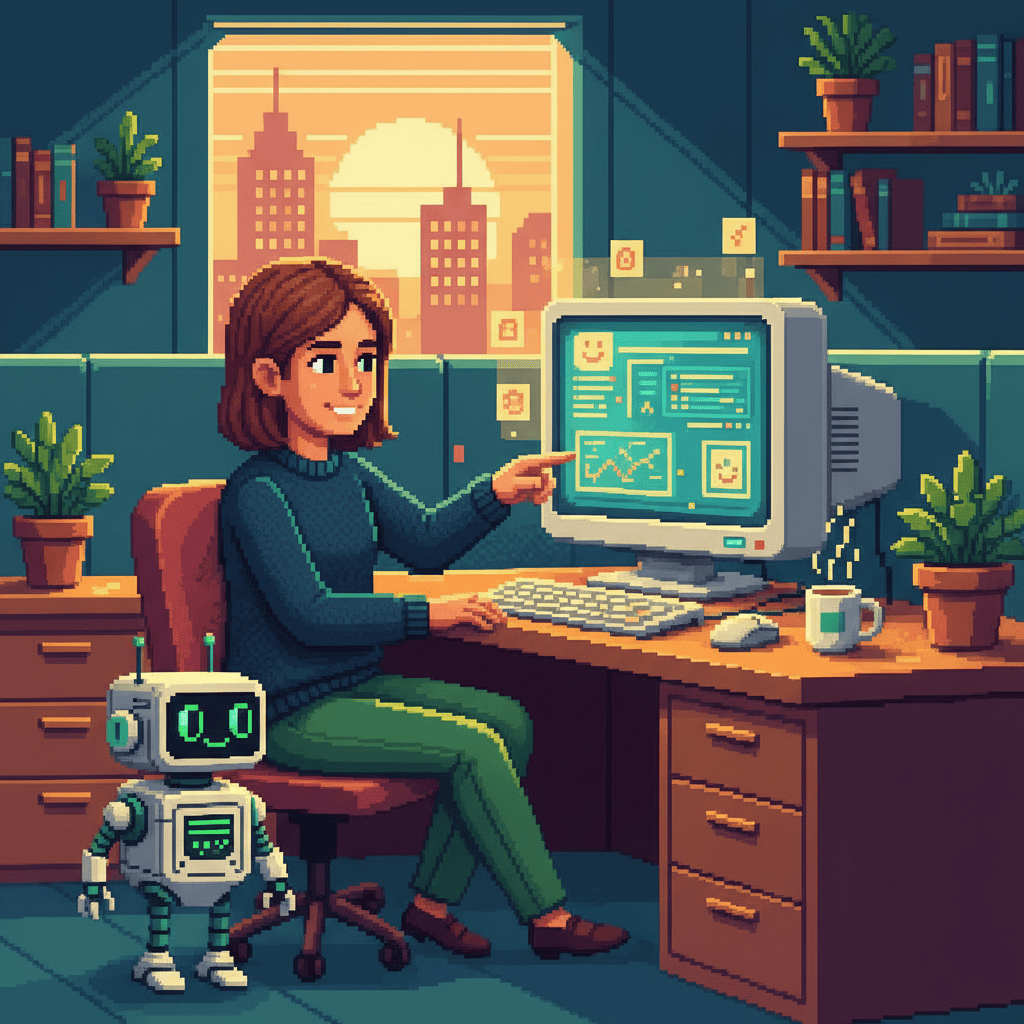 Pixel art illustration of a human and AI robot working together at a desk, representing AI as a collaborative tool rather than a replacement for jobs