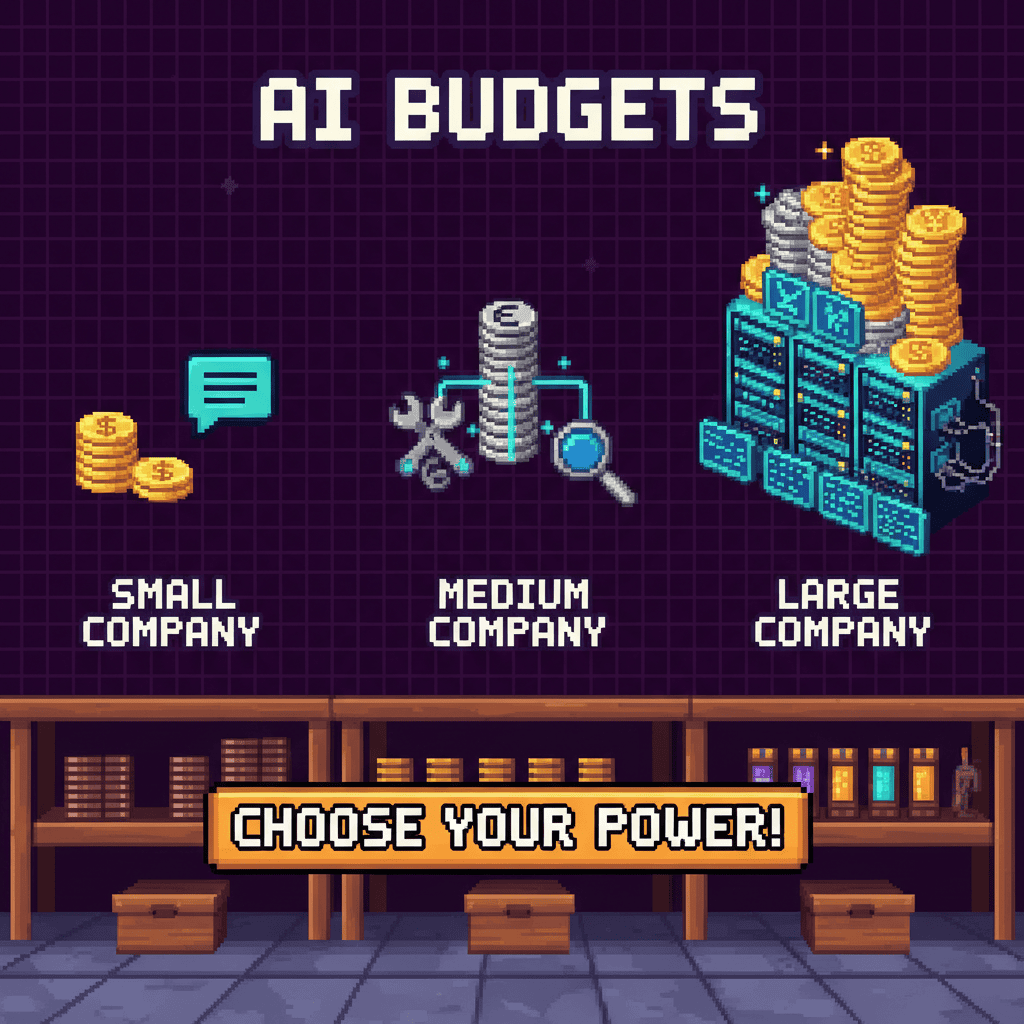 Pixel art comparison showing coin stacks of different sizes next to AI tools of varying complexity. A small stack with a simple chatbot icon represents small business AI budgets, a medium stack with multiple tool icons represents medium business AI budgets, and a large stack with complex AI infrastructure represents enterprise AI budgets.