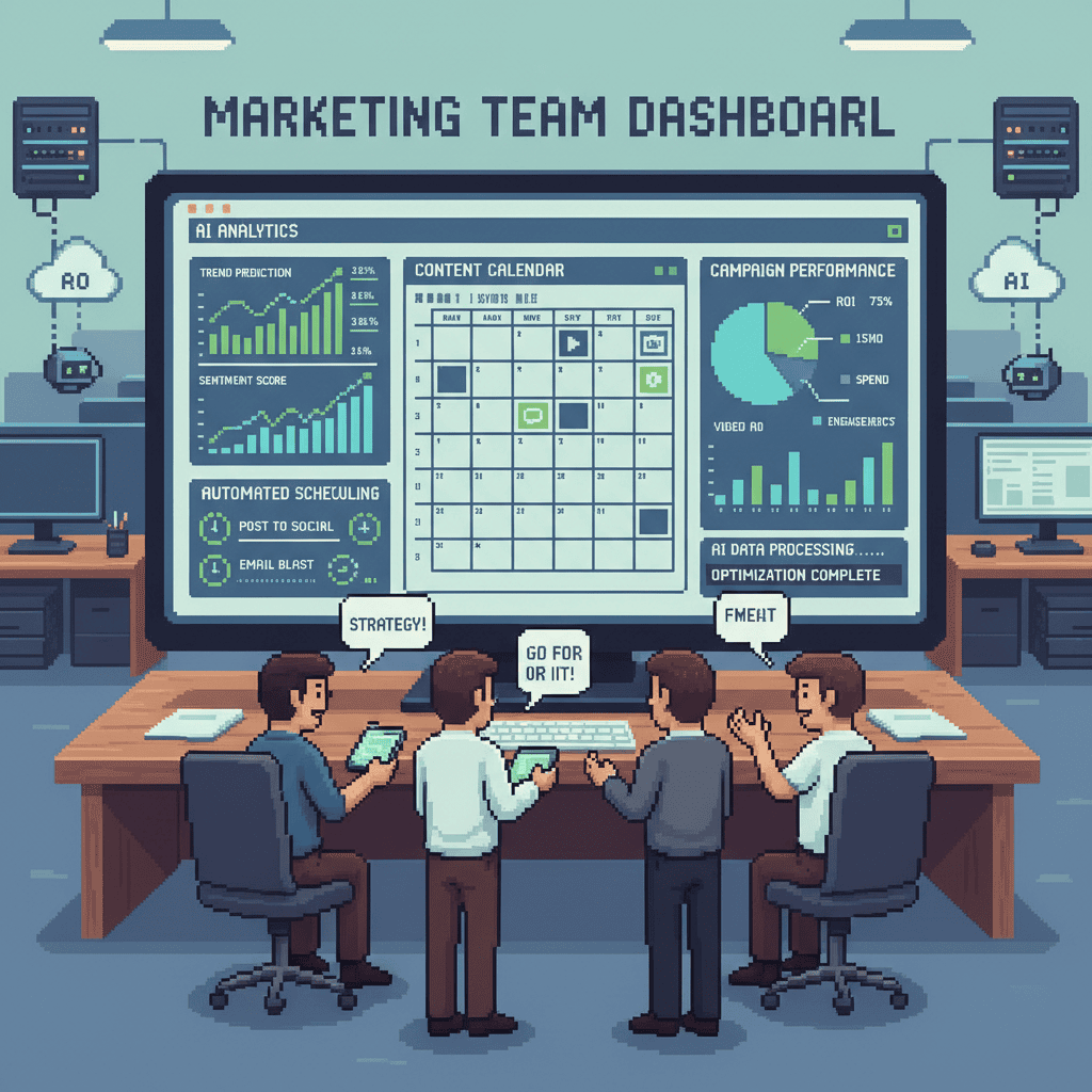 Pixel art illustration of a marketing AI dashboard showing content analytics, campaign performance, and automated scheduling tools