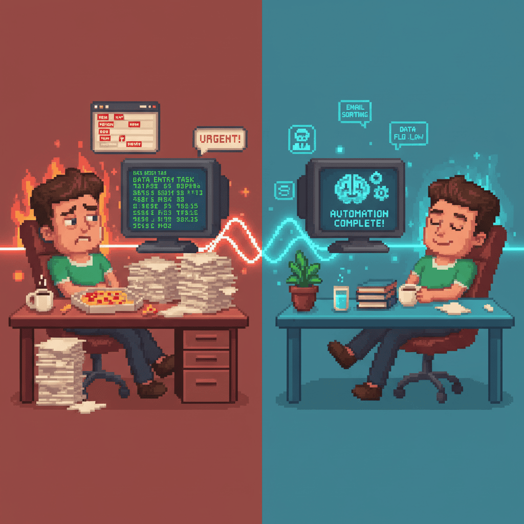 Pixel art before-and-after scene showing how AI automation reduces employee burnout by handling repetitive background tasks