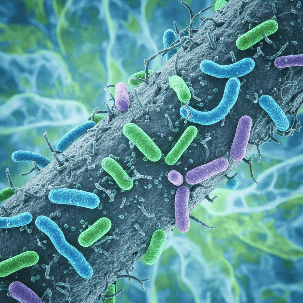 Microscopic view of gut microbiome bacteria thriving on dietary fiber