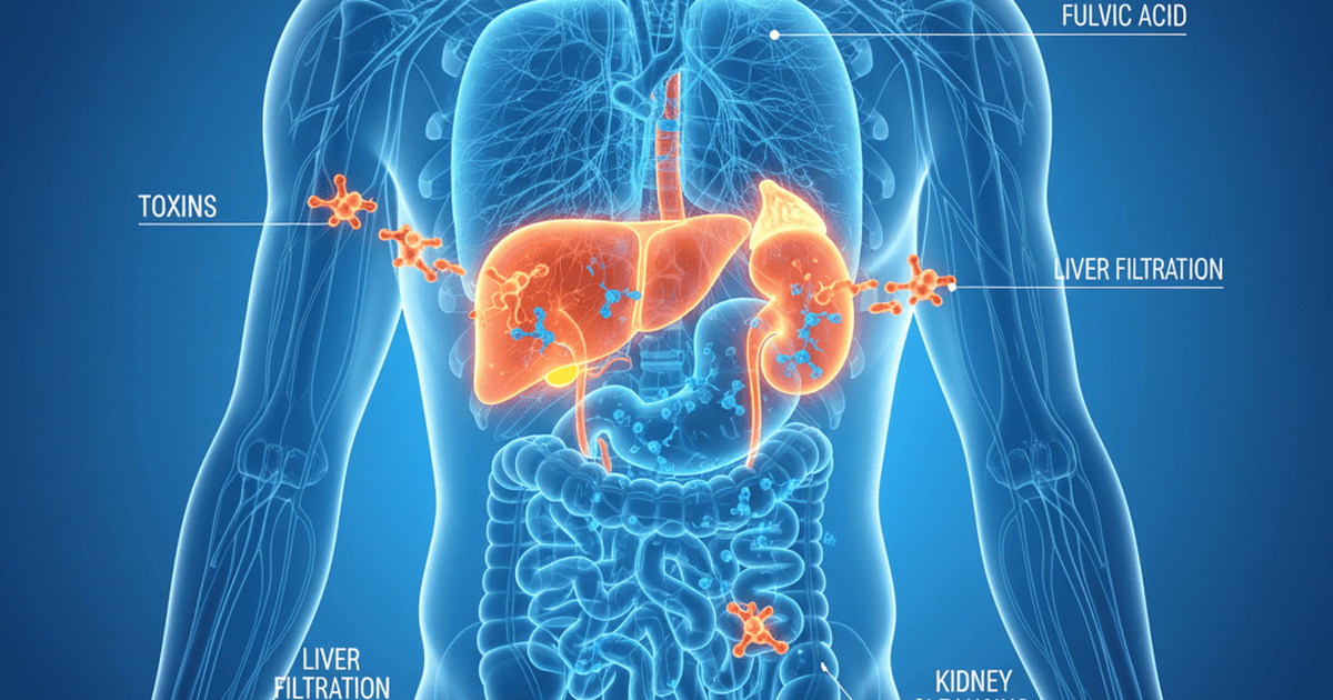 Illustration of human body detox pathways showing liver, kidneys, and digestive system