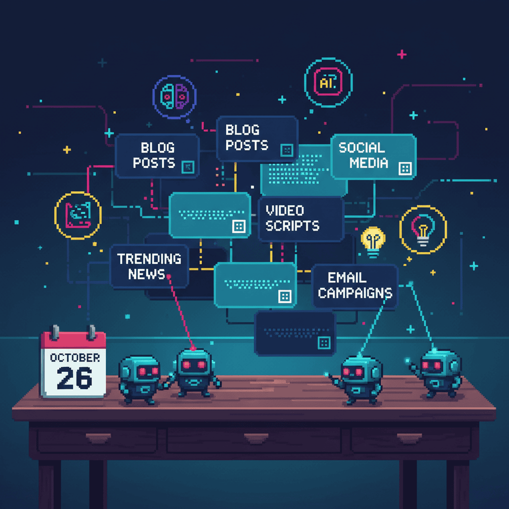 Pixel art illustration of an AI-powered content brainstorm with floating topic cards and a calendar, representing systematic AI content ideation for marketing teams
