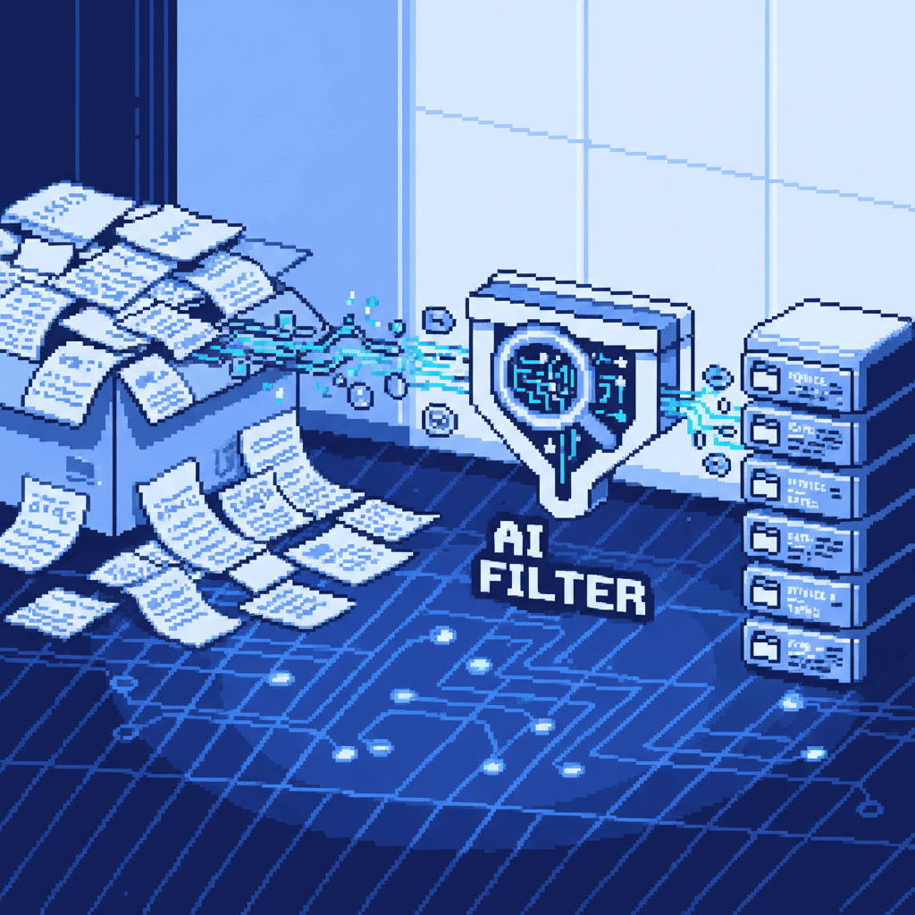 Pixel art illustration of AI-powered document processing converting messy paper invoices into organized digital records, representing time savings from automated data entry