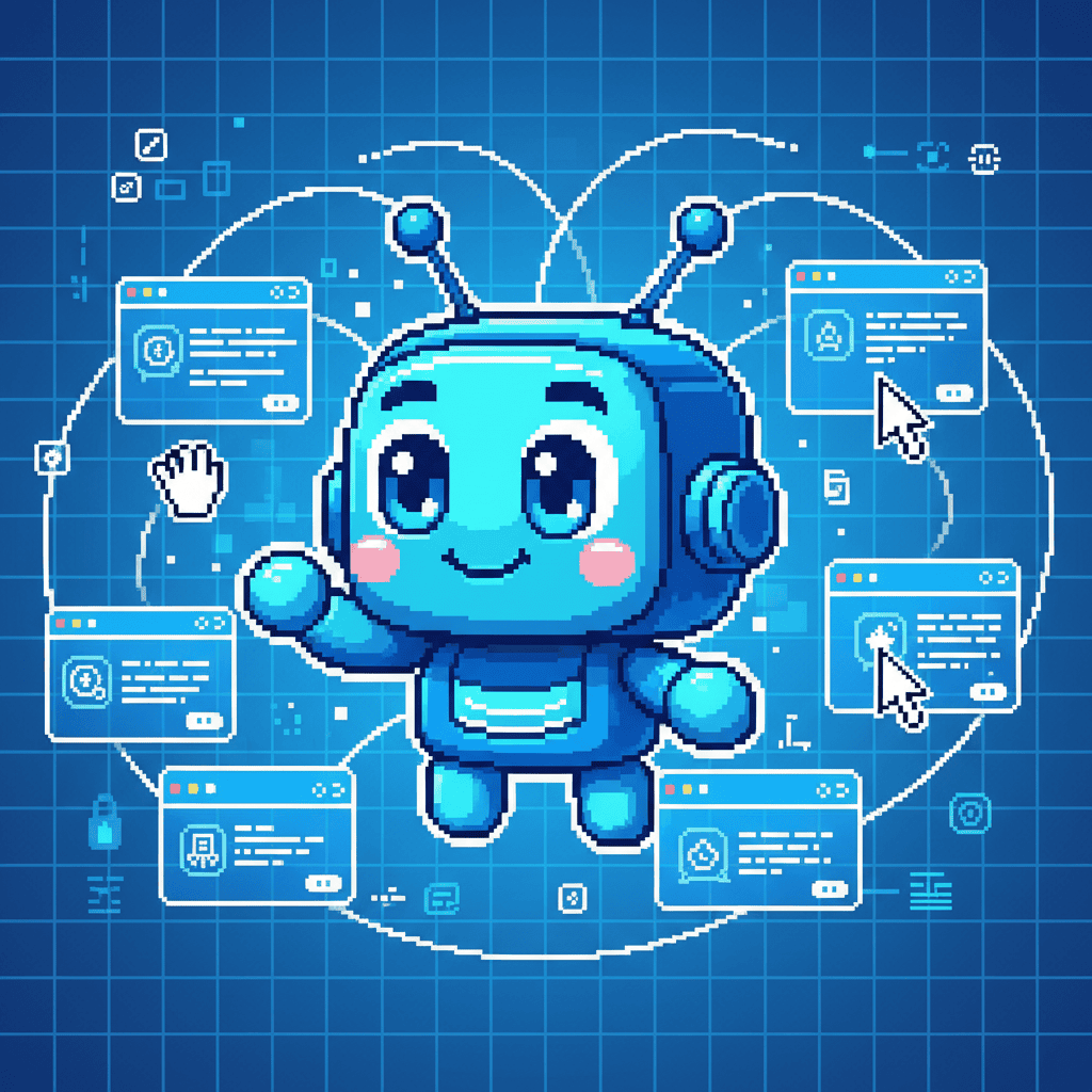 Pixel art illustration of an AI chatbot efficiently handling multiple customer service queries