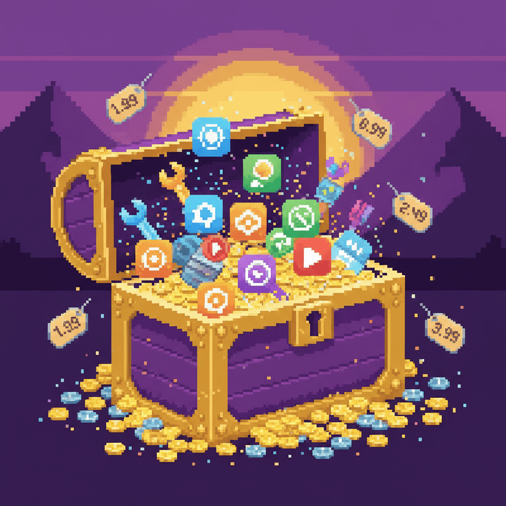 Pixel art illustration of a treasure chest filled with affordable AI tools and price tags, representing the low cost of AI for small businesses