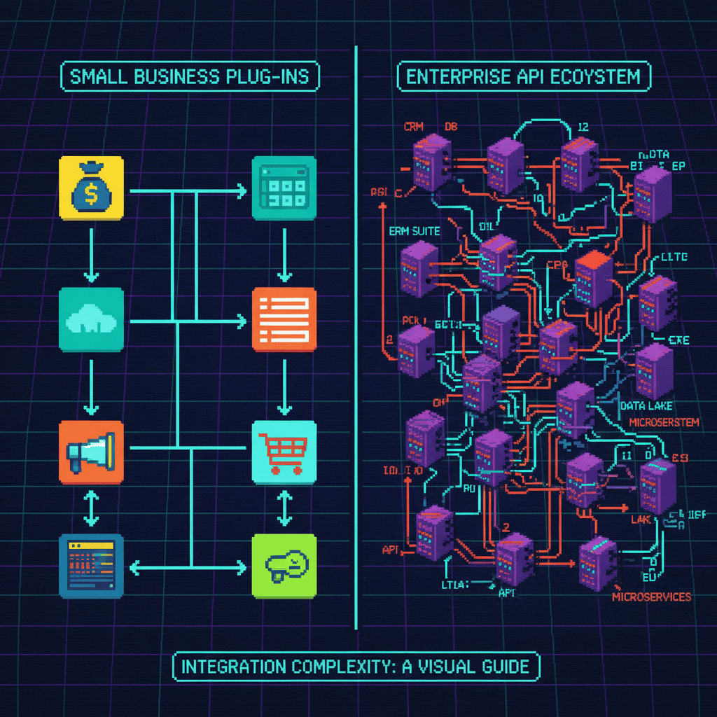Pixel art pipeline showing how small businesses use point solutions with simple plug-in one-to-one connections on the left versus enterprises with complex API webs, interconnected systems, data flows, and multiple infrastructure layers on the right.