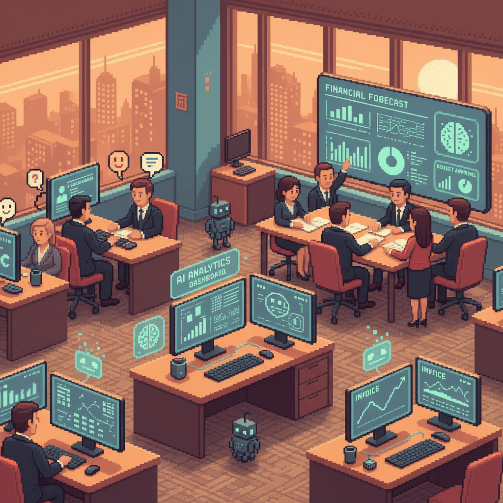 Pixel art illustration of HR and finance professionals using AI tools for resume screening, invoice processing, and strategic decision-making