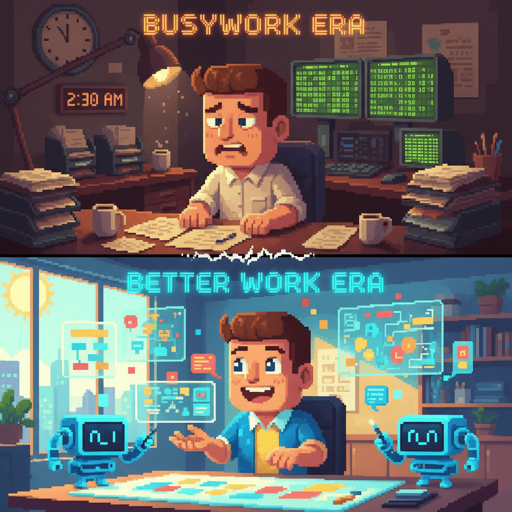 Pixel art comparison showing employee before AI automation doing repetitive busywork and after AI automation engaged in creative meaningful work