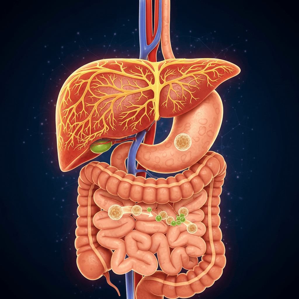 Illustration of the liver detoxification process and gut-liver axis connection