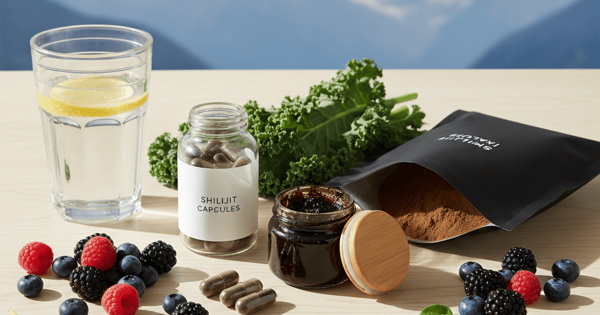 Shilajit supplement forms including resin, capsules, and powder alongside healthy lifestyle elements