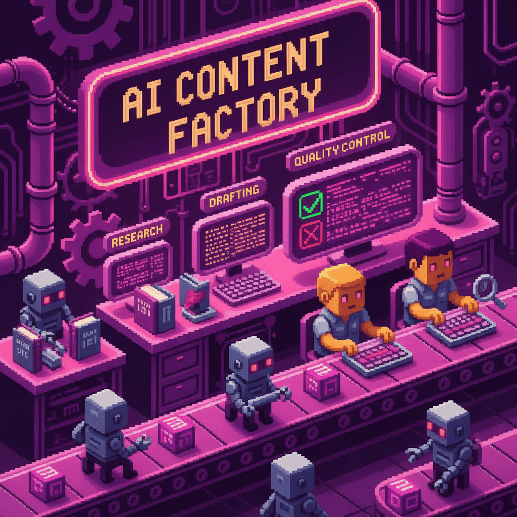 Pixel art illustration of an AI content creation assembly line with robots handling research and drafting while humans do final review, representing the human-AI content workflow