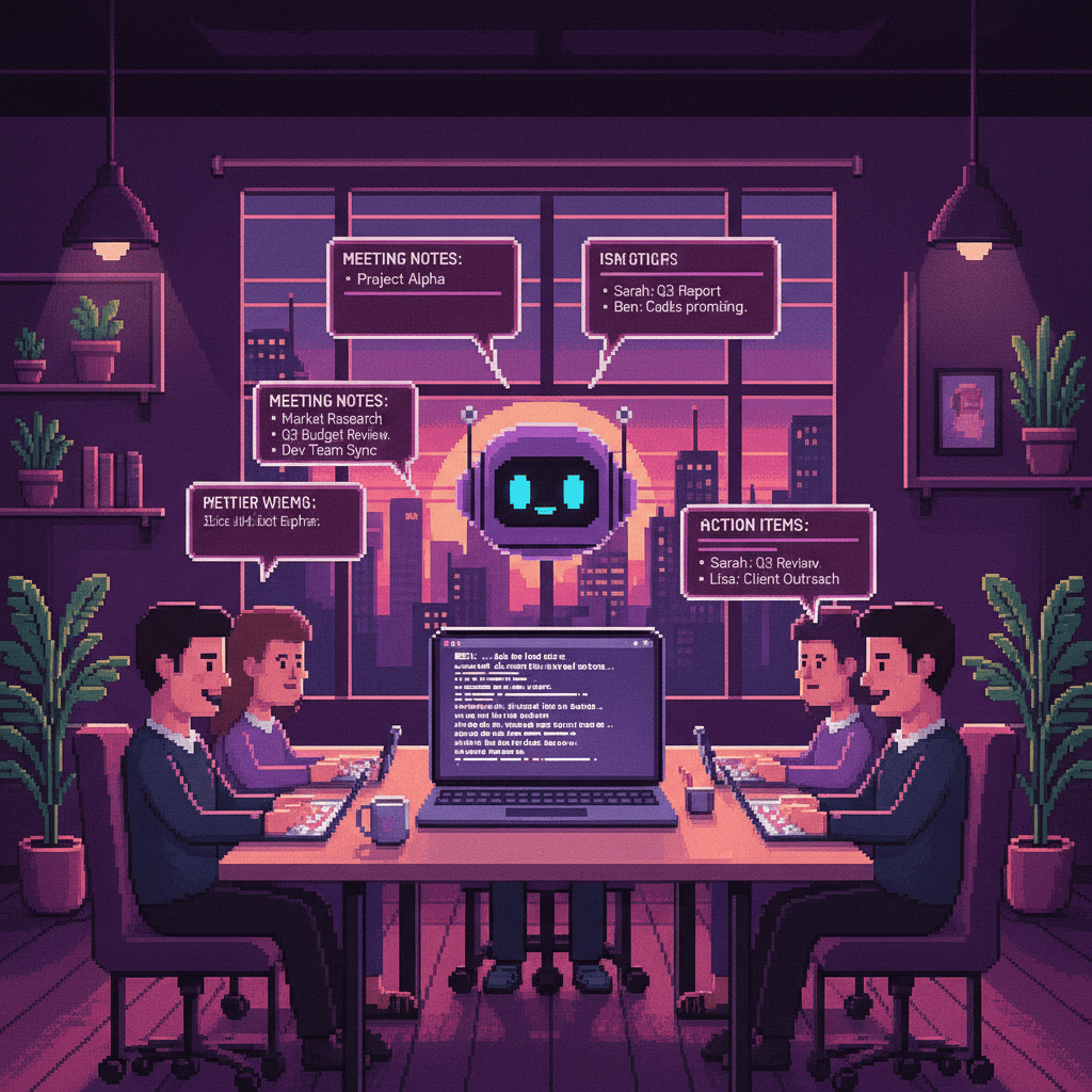 Pixel art illustration of an AI assistant transcribing a team meeting into organized notes, representing automated meeting documentation and time savings