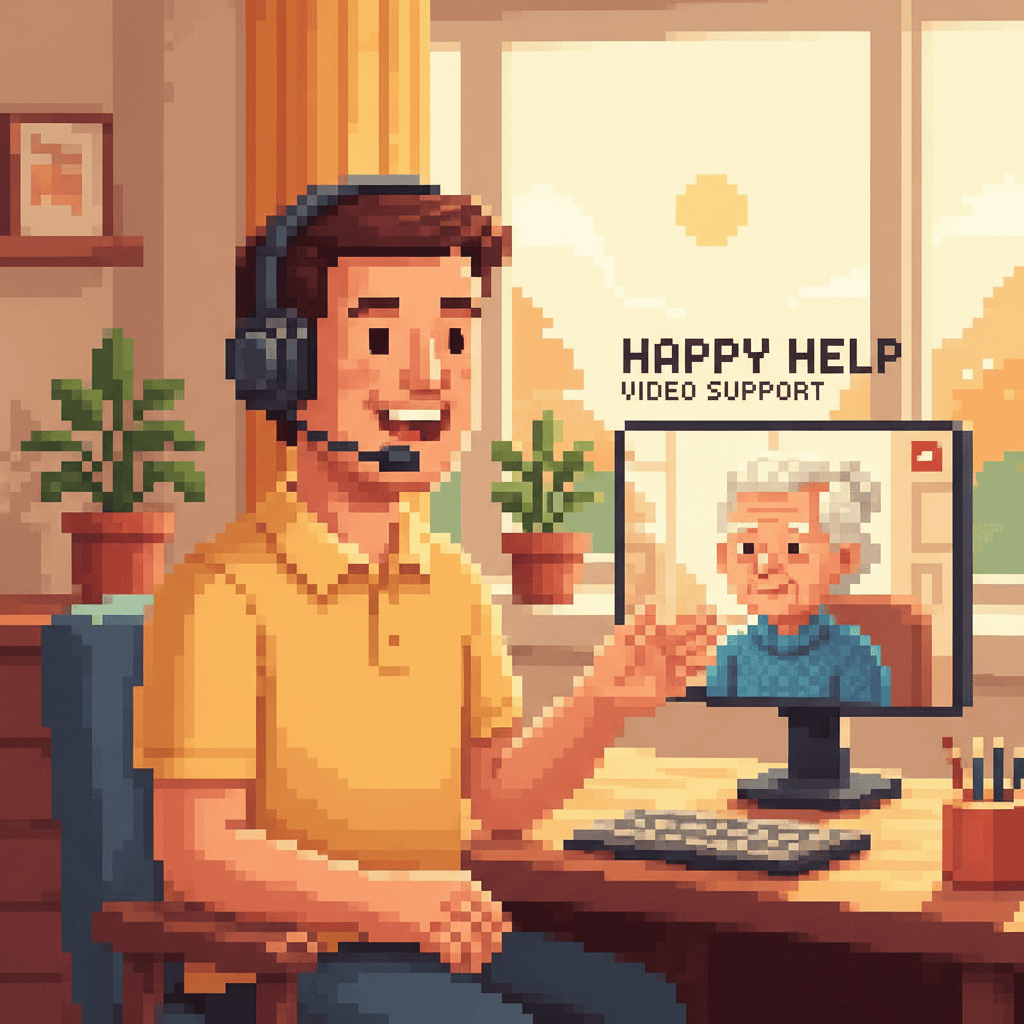 Pixel art illustration of a human customer service agent providing personal, empathetic support to a customer
