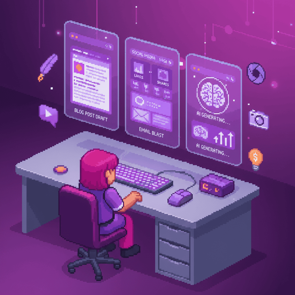 AI marketing for startups showing automated content creation workflow in pixel art style
