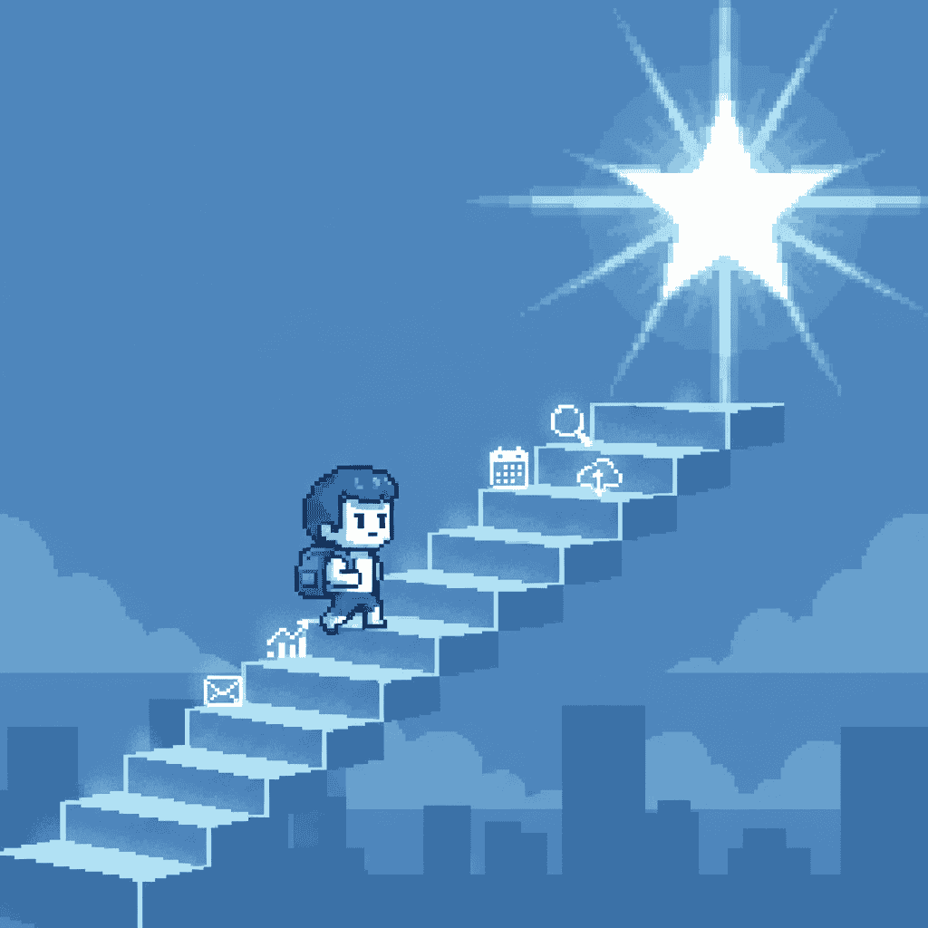 Pixel art illustration of a character climbing labeled steps toward an AI goal, representing the gradual process of adopting AI in a small business