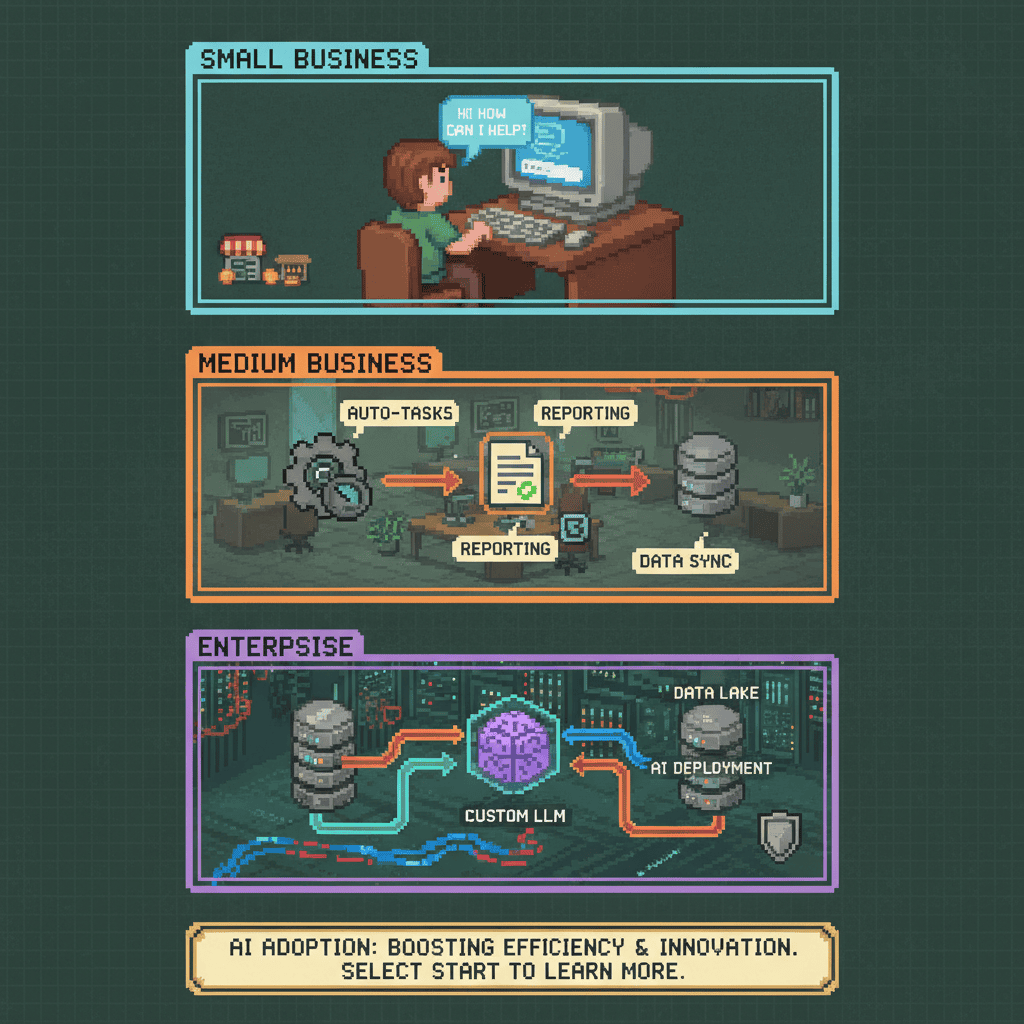 Pixel art split-screen infographic showing what AI looks like at each company size: chatbots and simple tools for small business in the top panel, workflow automation for medium business in the middle panel, and custom LLM deployments and data pipelines for enterprise in the bottom panel.
