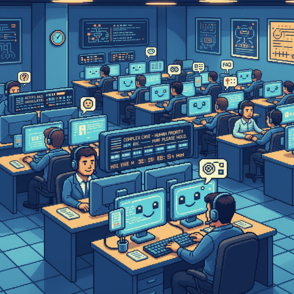 Pixel art illustration of a modern customer support center with AI chat interfaces and human agents handling complex cases