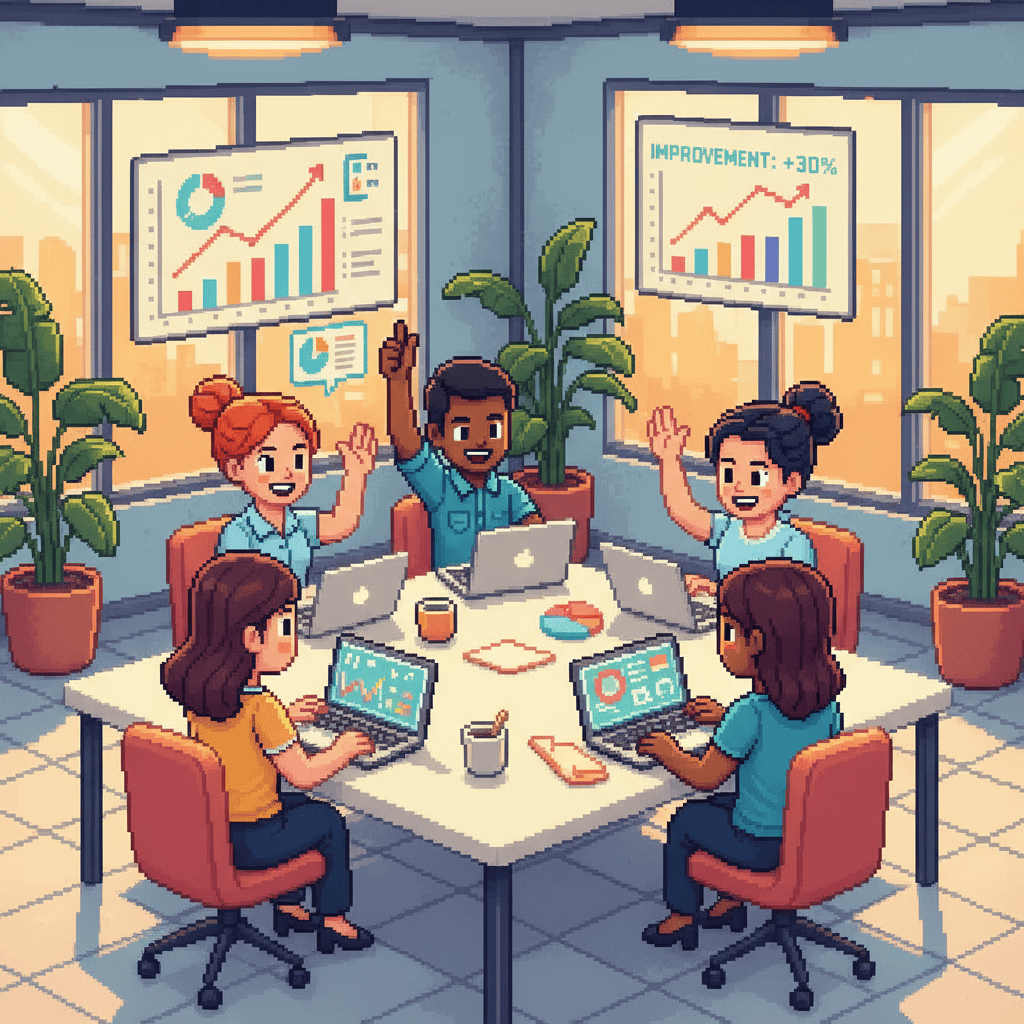 Pixel art of a happy small business team collaborating with AI tools showing higher employee satisfaction and engagement