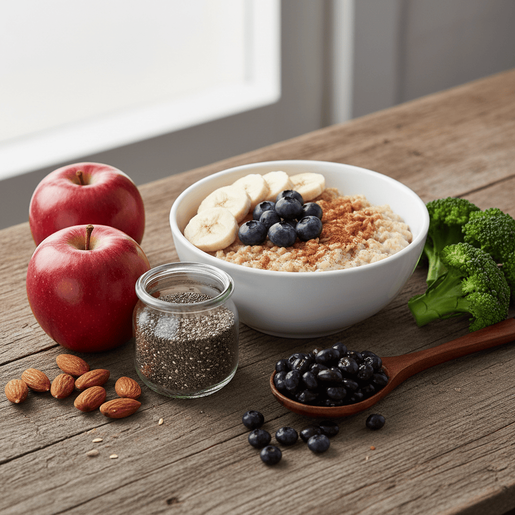 Colorful spread of fiber-rich foods including oats, beans, apples, broccoli, and chia seeds