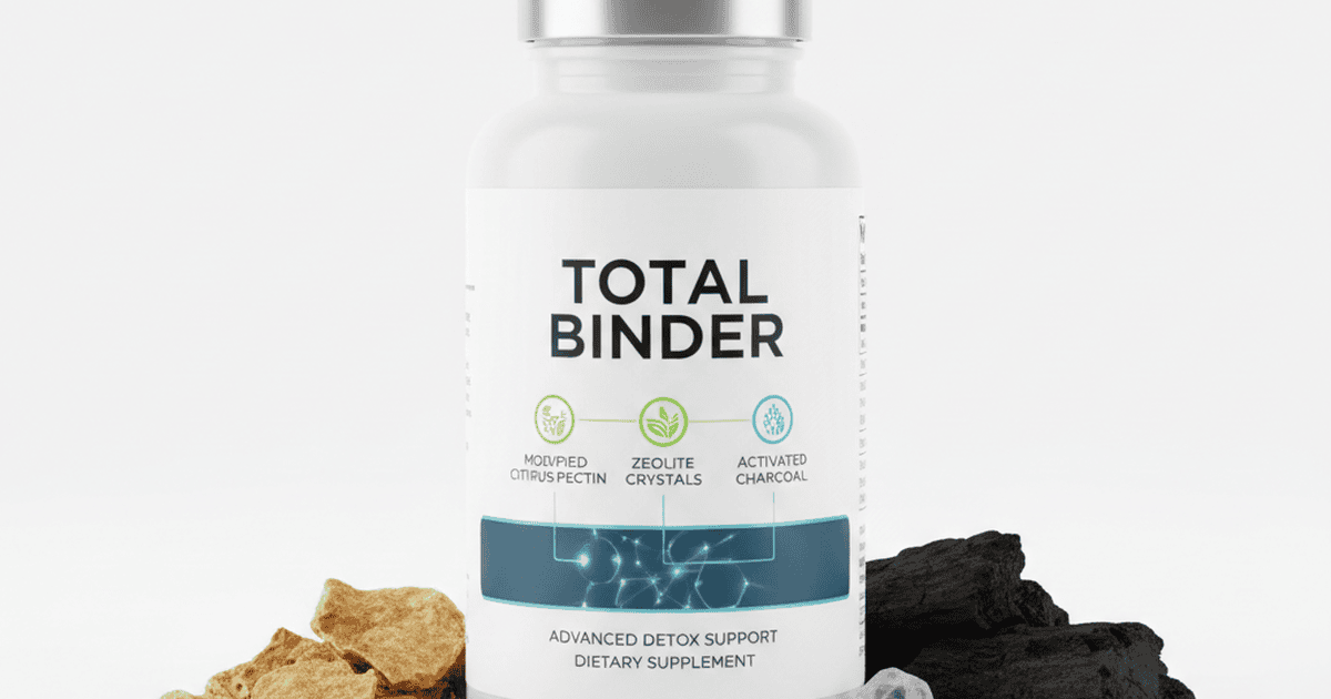 Total Binder supplement bottle showing key ingredients including modified citrus pectin and zeolite