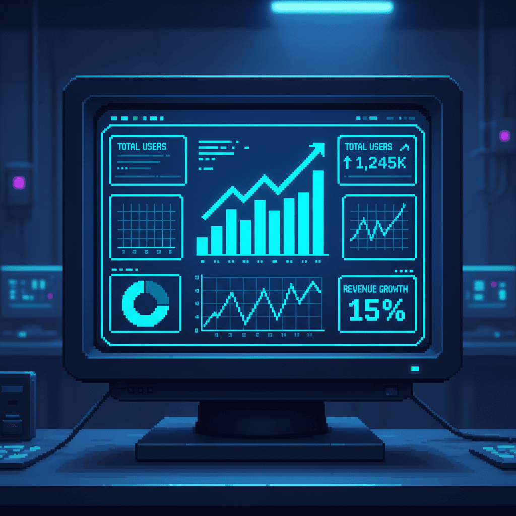 Pixel art illustration of an AI-powered analytics dashboard with charts and trend arrows, representing automated marketing data analysis and reporting