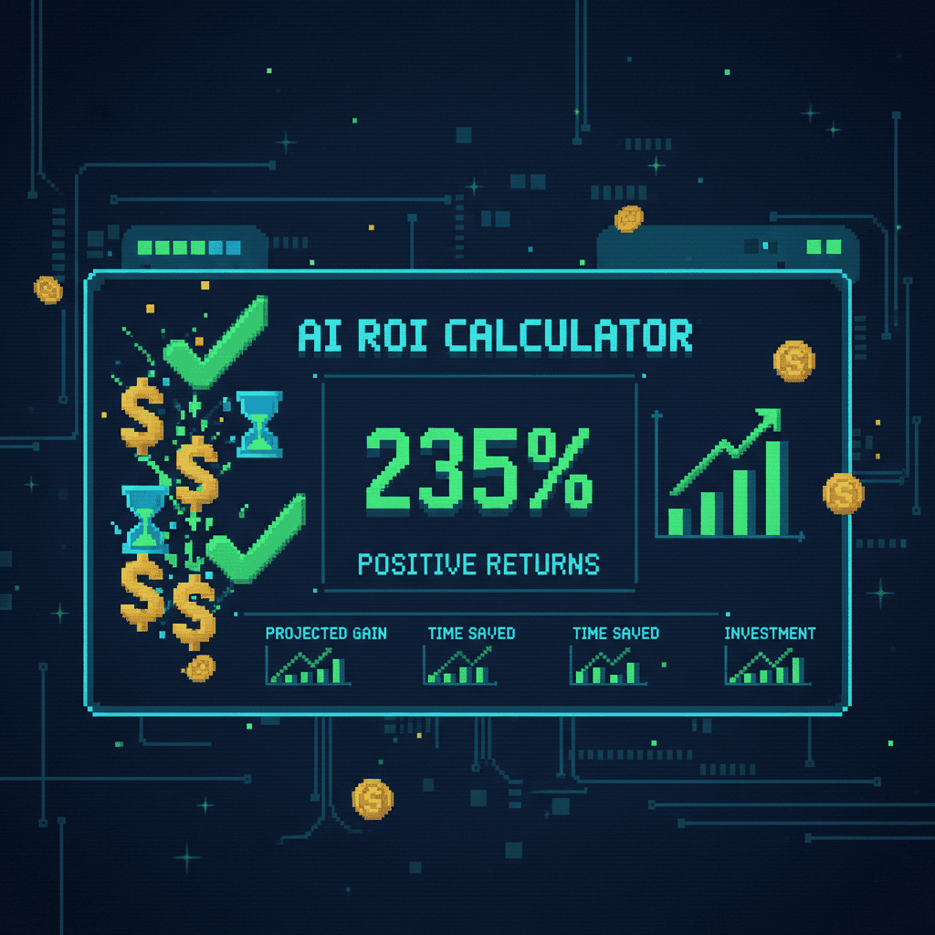 Pixel art illustration of an AI ROI calculator showing positive returns with dollar signs and hourglasses turning into checkmarks, representing the financial benefit of AI time savings
