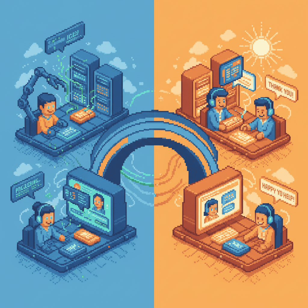 Pixel art split illustration showing AI automation on one side and human customer support on the other, working in harmony