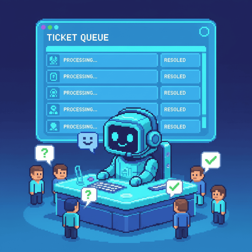 AI customer support automation showing a chatbot interface helping startup customers