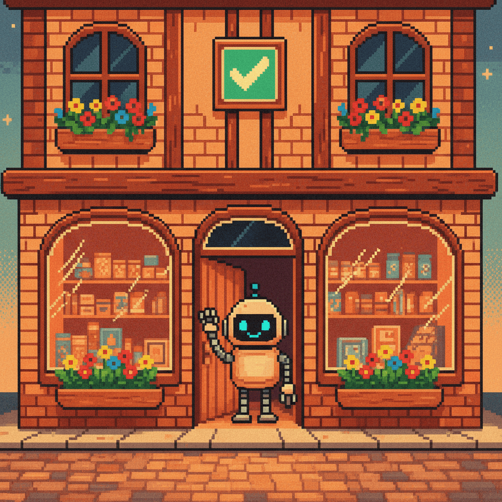 Pixel art illustration of a happy small business storefront labeled AI-Ready, representing a business that has successfully adopted AI tools