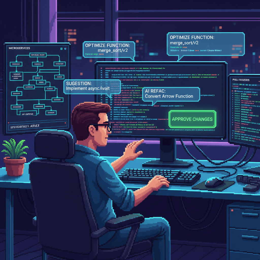 Pixel art illustration of a software developer collaborating with AI code assistants in a modern development environment